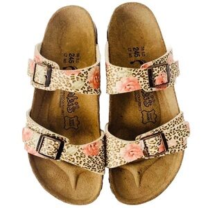 NWT Birkenstock Birki’s Fussbett Double Strap Leopard Rose Sandals Sz 7 Outdoor